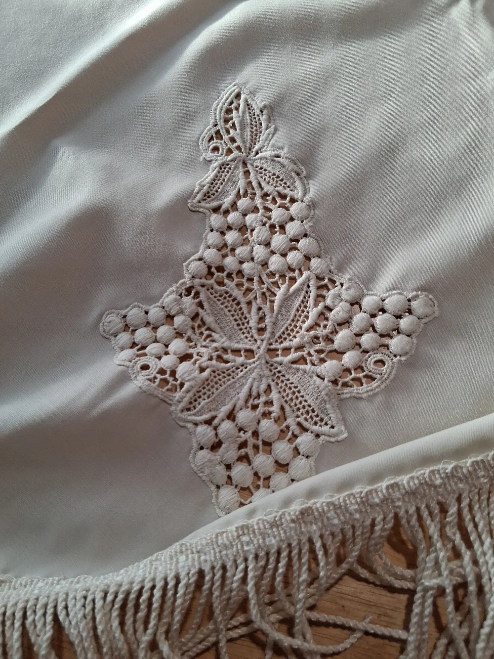 Classic Round Beige Ivory Fringe Tablecloth with Cutwork Detail 65